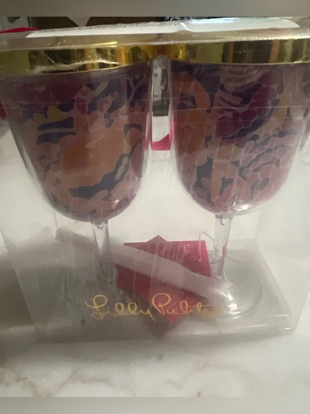 Lily Pulitzer Acrylic Catch And Release Sip Sip Wine Glasses Gold Lids Straw New